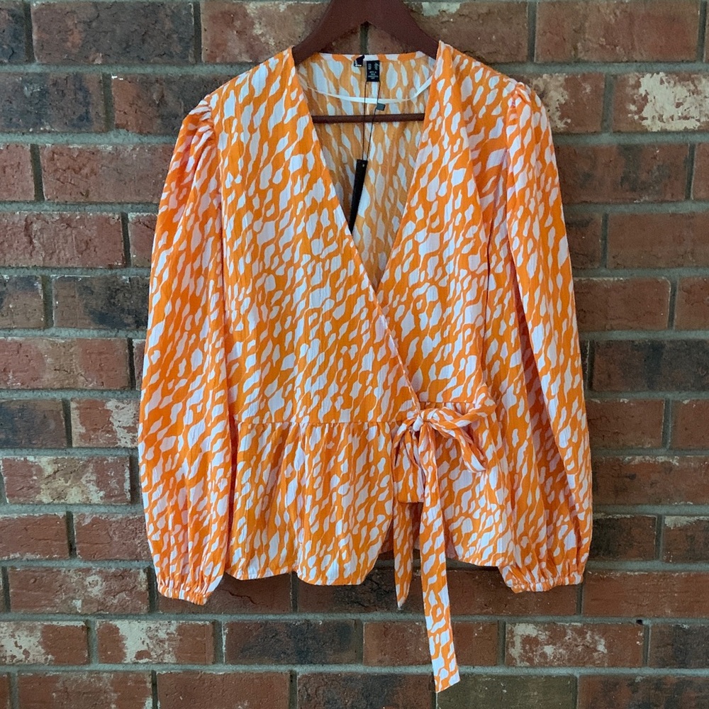 Vero Moda Vibrant Orange White Patterned Long Sleeve Wrap Blouse